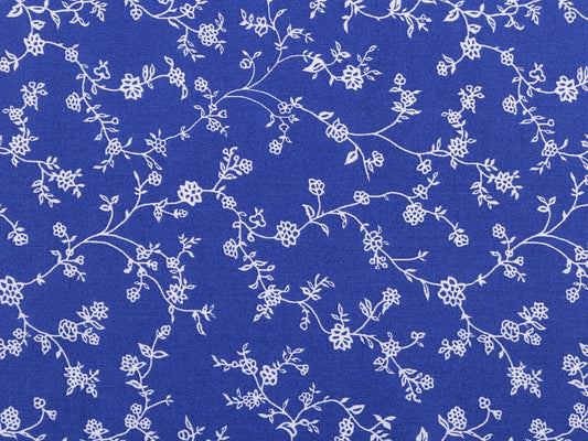 Image of 100% cotton fabric - white flowering stems on royal blue 125 g/m² – available at Šarlotes audumi