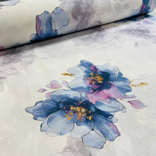 Image with 100% Cotton fabric - indigo flowers 220cm 146 g/m² – available at Šarlote's fabrics