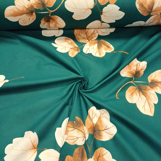 100% Cotton fabric - leaves on an emerald green background 220cm 146 g/m²