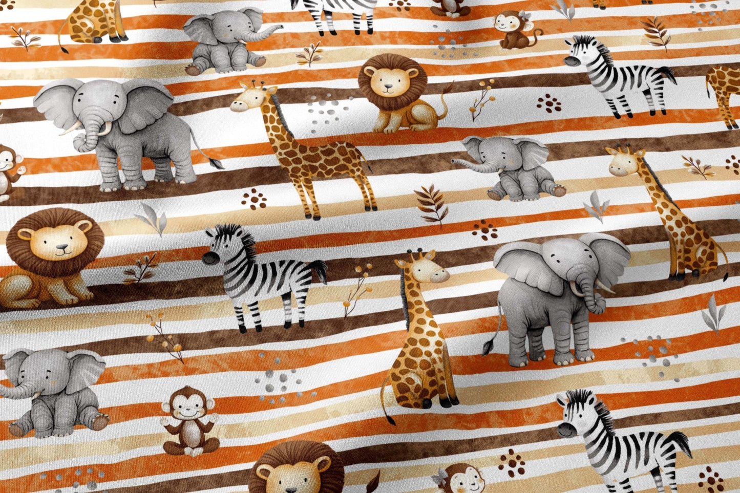 Image with 100% cotton fabric - safari animals and orange stripes 125 g/m – available at Šarlotes audumi