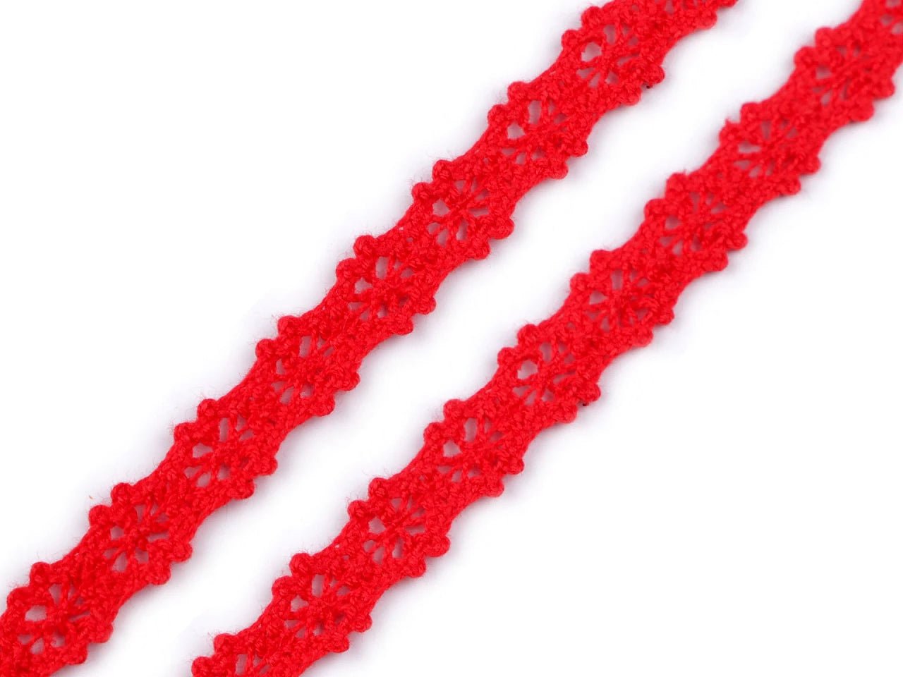 Attēls ar 100% Kokvilnas mežģīne 1,2 cm- sarkana – pieejams internetā Šarlotes audumi