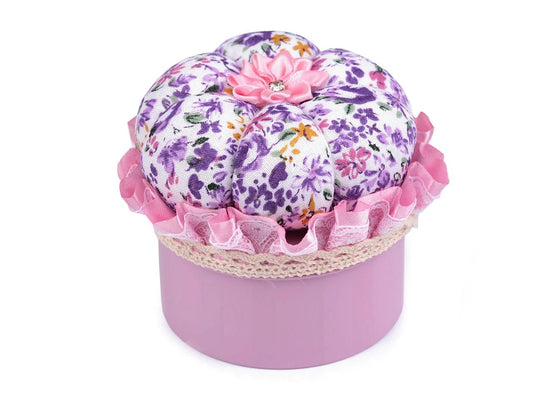 Pincushion - pin holder in a box - lilac flowers