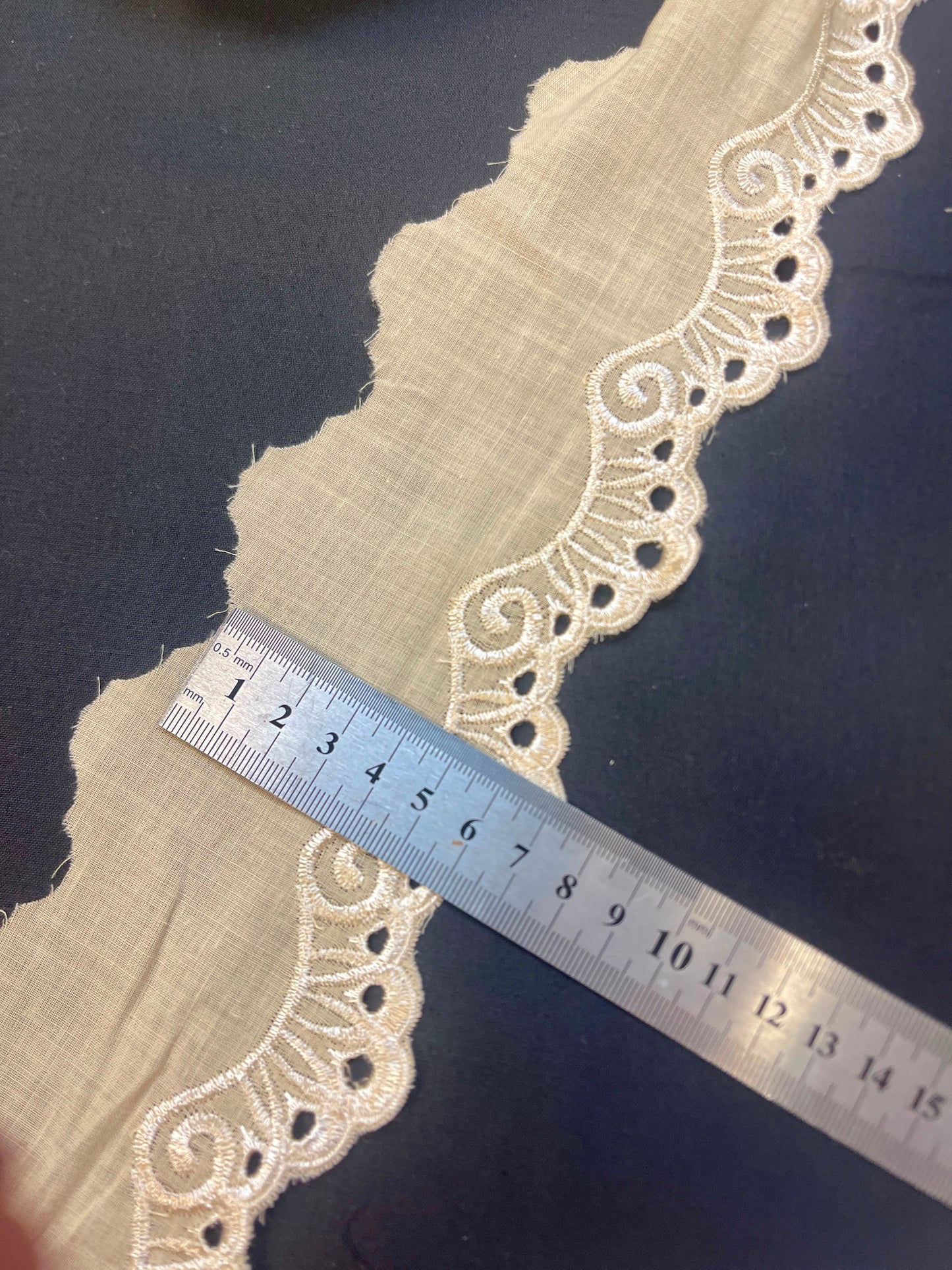 White embroidered lace ribbon 6 cm, beige – available online at Šarlotes audumi