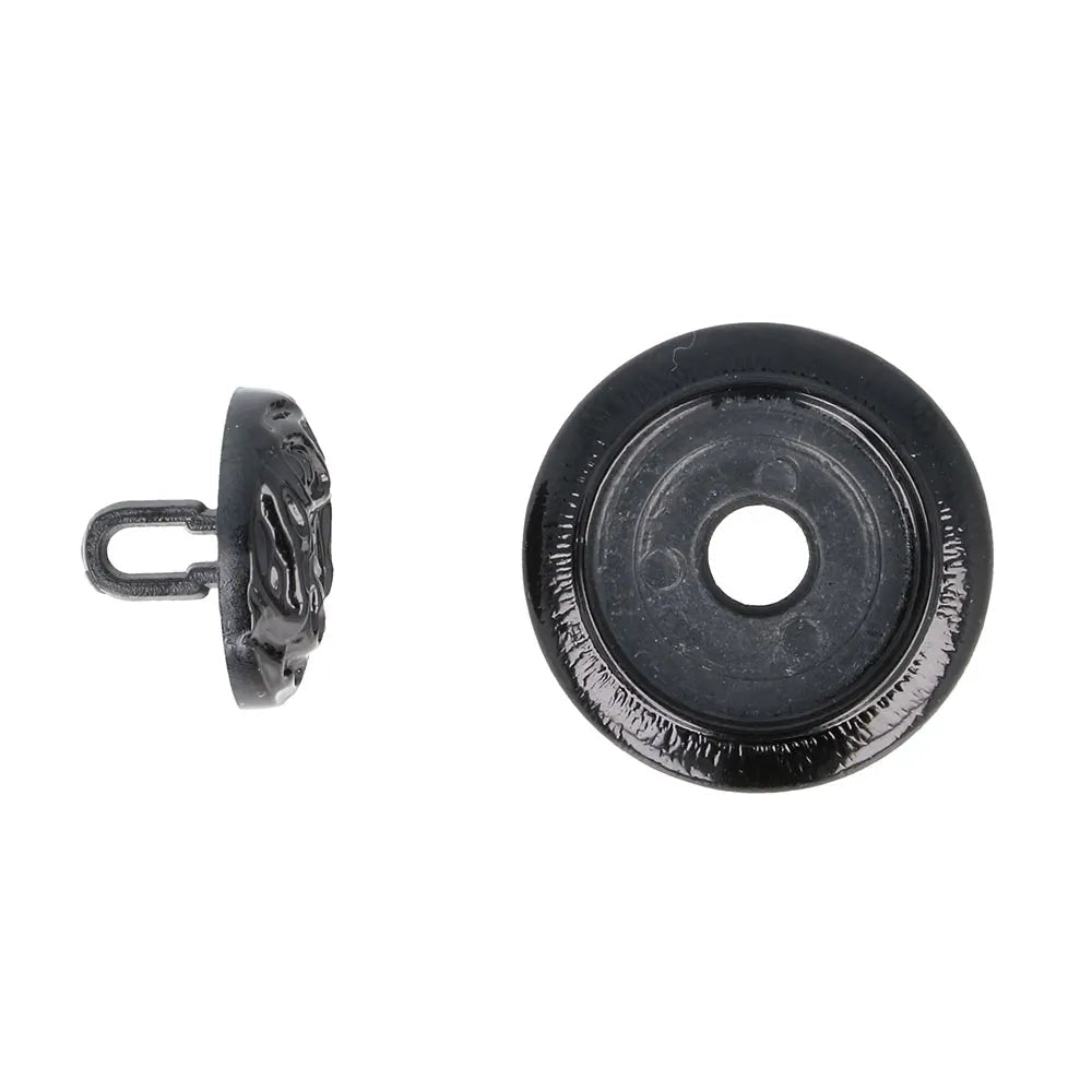 Image of a decorative button with heart element - black and silver – available online at Charlotte's Fabrics