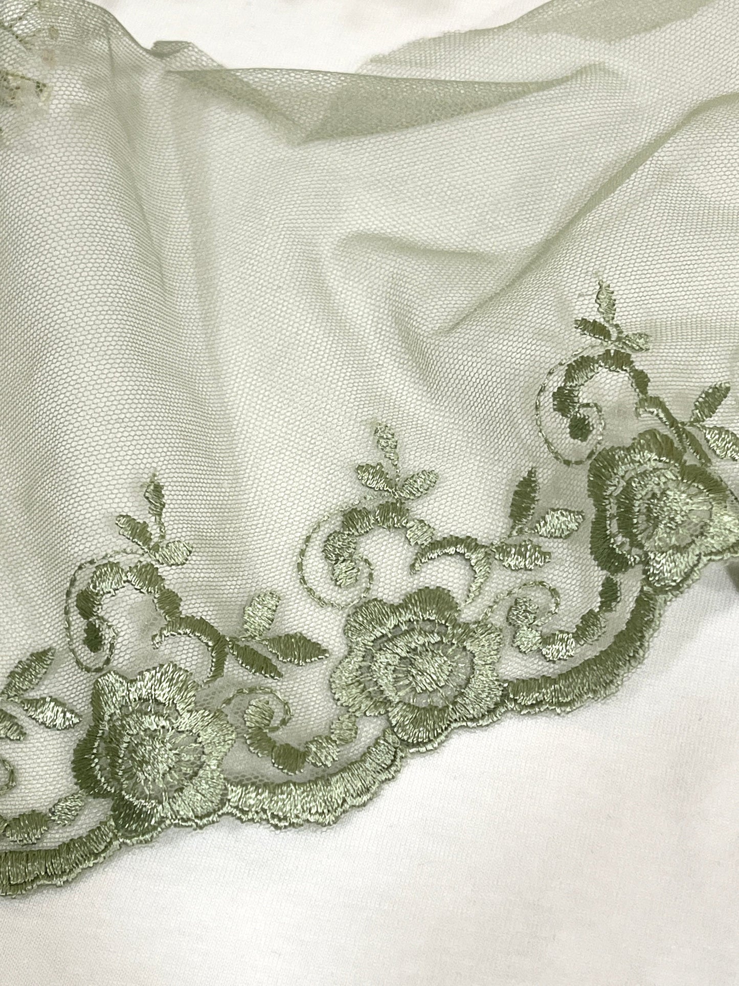 Image of embroidered lace 13 cm - sage green – available at Šarlotes audumi