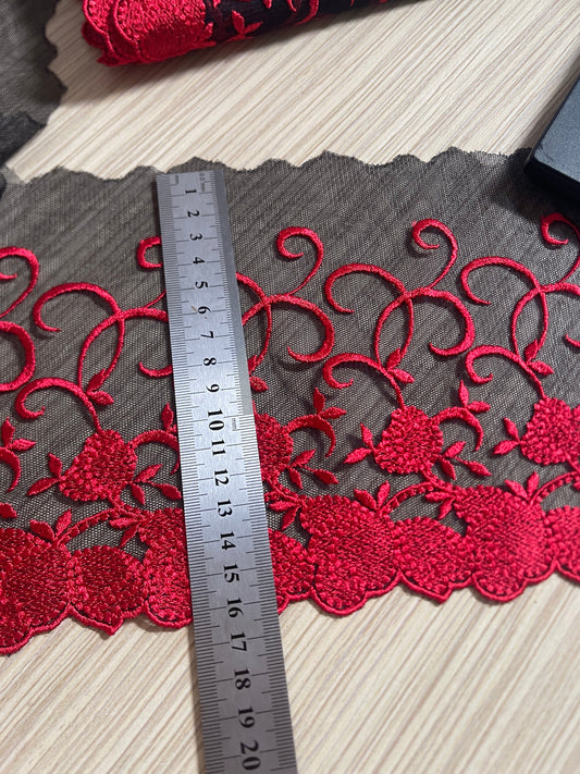 Embroidered lace, 15 cm - black with red accents – available at Šarlotes audumi