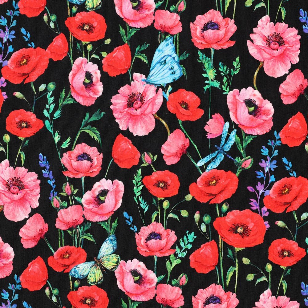 Cotton loopback knit - poppies 230 g/m²