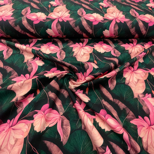 Cotton loop knit-pink flowers with emerald green leaves250 g/m²