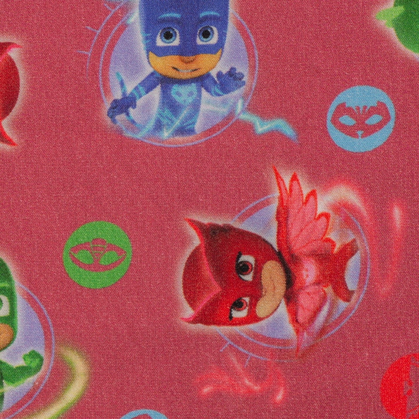 Cotton loopback jersey - superheroes Gekko, Catboy, Owlette, berry 240 g/m²