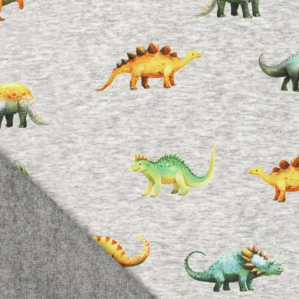 Zdjęcie z bawełnianej ocieplanej dzianiny | Alpen fleece-dinozaury na szarym – dostępny online Šarlotes audumi