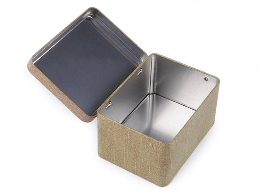 Metal box with lid for storing hardware, buttons, and beads