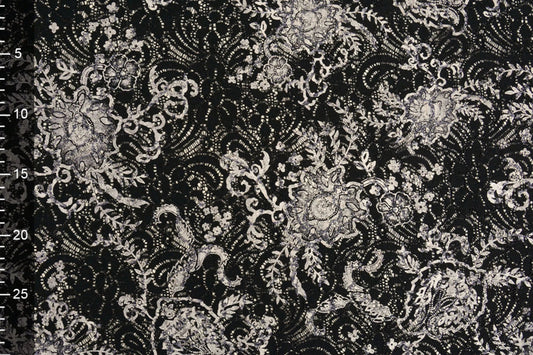 Image of lace fabric - black with silver 210 g/m² – available at Šarlotes audumi