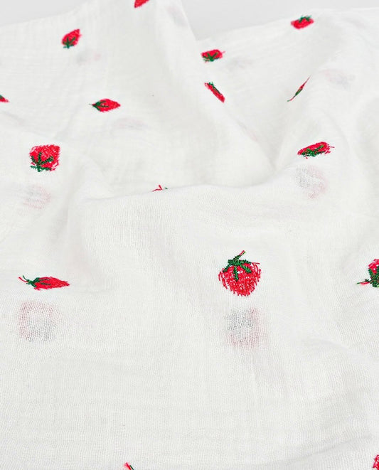 Image with muslin with embroidery - strawberries 130 g/m² – available at Charlotte fabrics