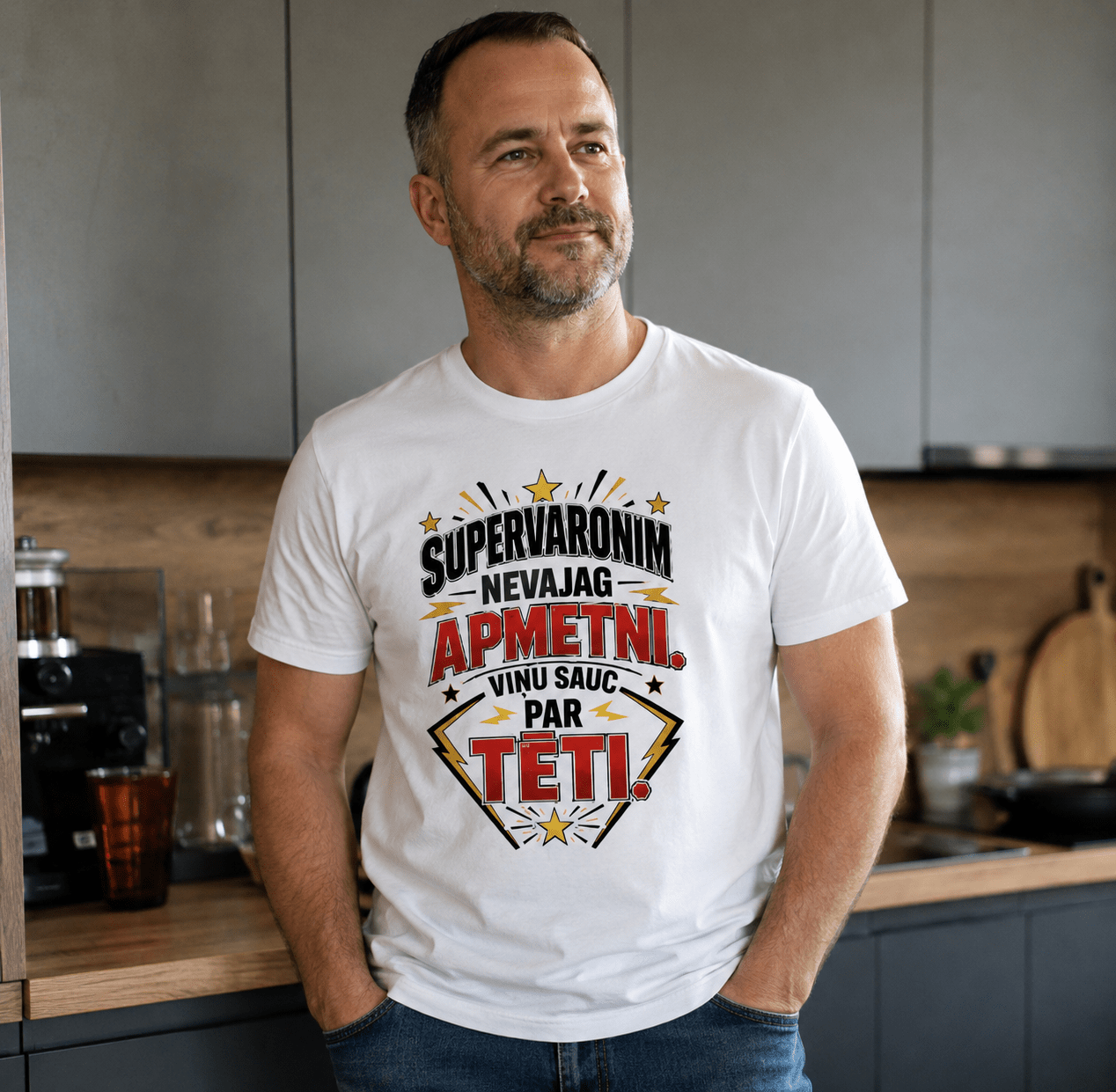 Organic cotton T-shirt "A superhero doesn't need a cape. He's called Dad." – available online at Šarlotes audumi
