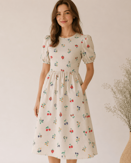 Image with premium 100% cotton fabric - cherries and flowers, 115 g/m² – available at Šarlotes audumi
