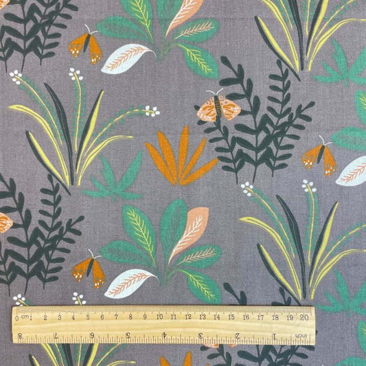 Premium 100% cotton fabric - tropical motif on a gray background 115 g/m²