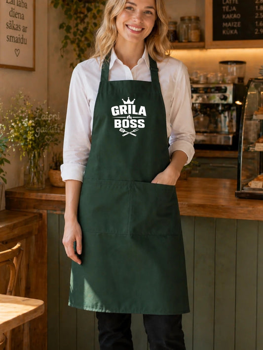 Image of dark green apron "Grill Boss" – available at Šarlotes audumi