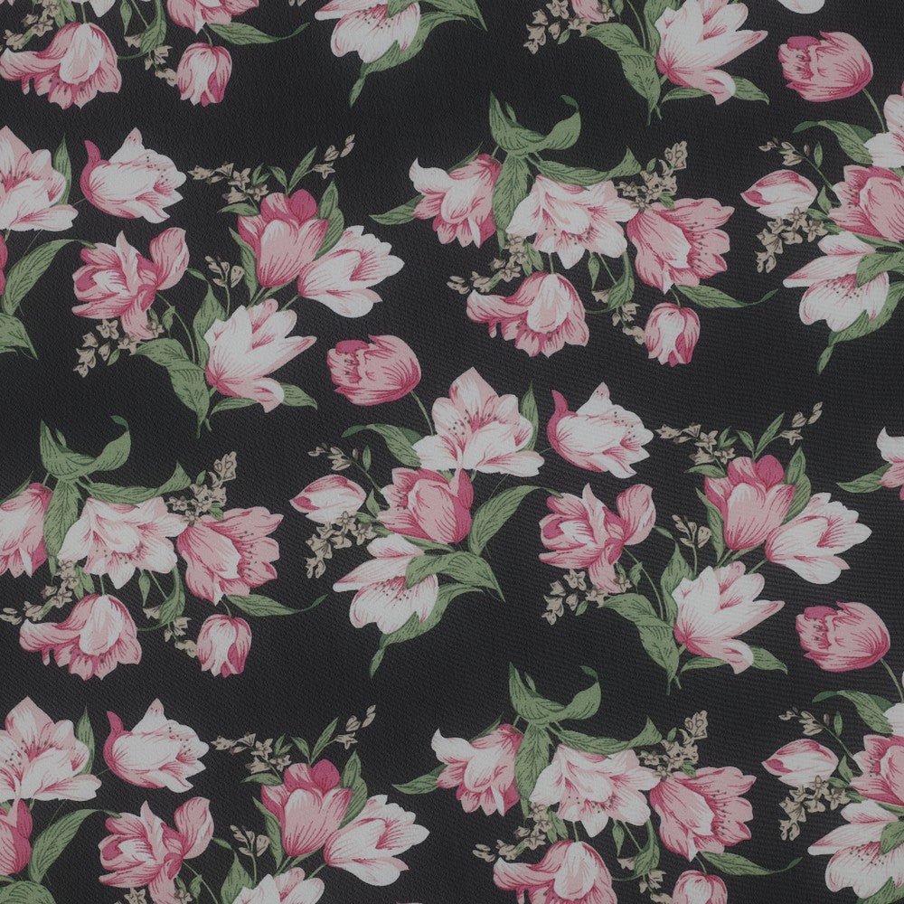 Chiffon - pink tulips and forget-me-nots | 150 cm | 80 g/m²