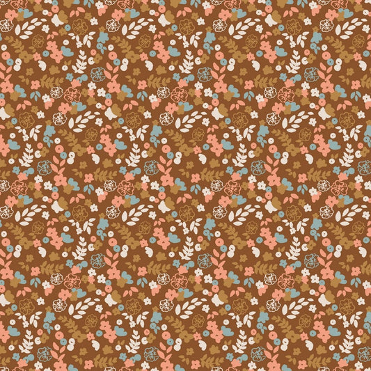 Thin cotton jersey - floral motif on a nut brown background 220 g/m² (GOTS certified)