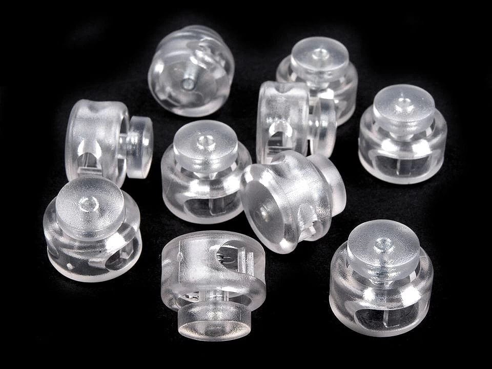 Transparent plastic cord lock, 2 holes, 13x15 mm