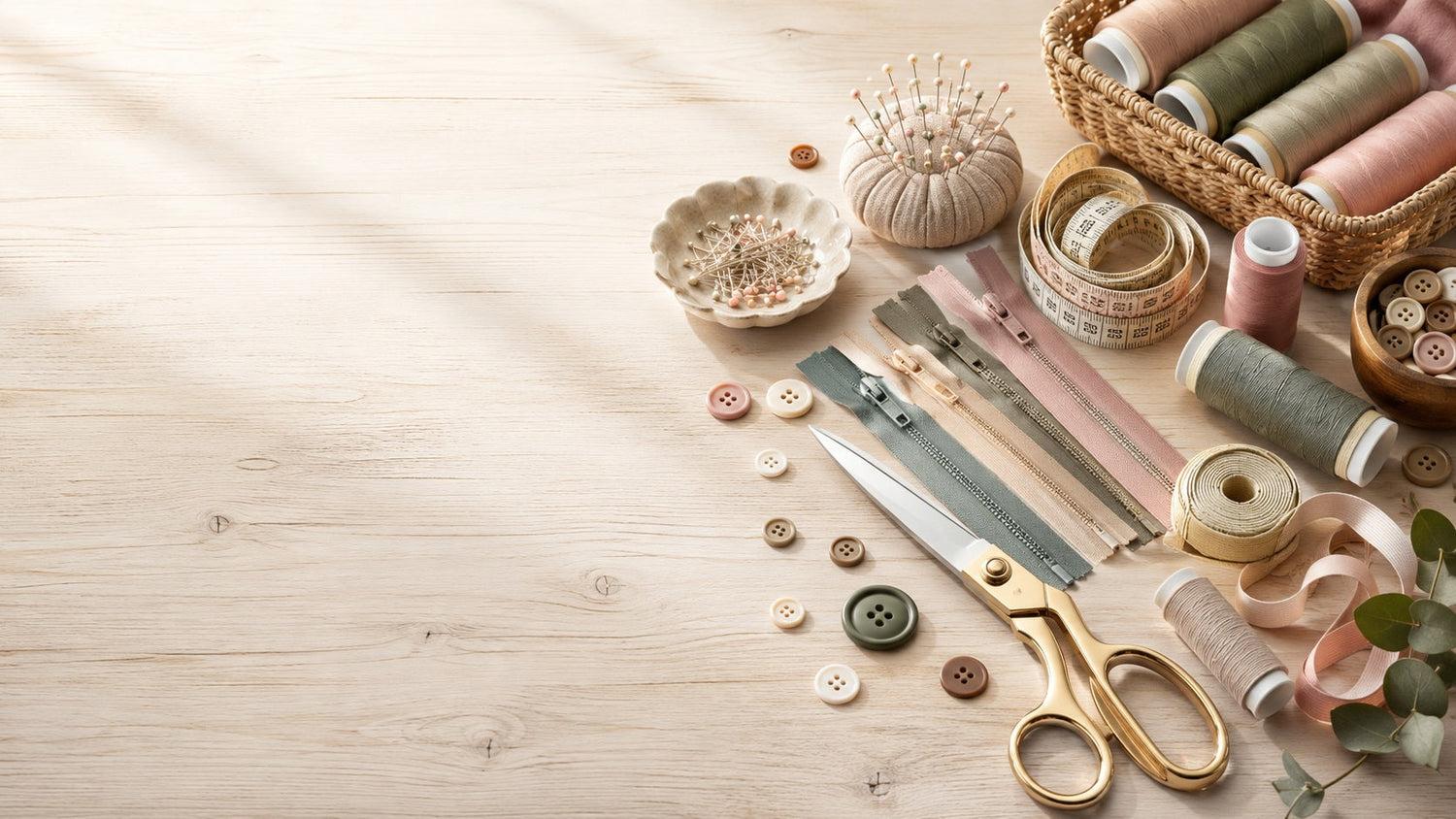 Sewing supplies store with needles, thread, scissors, and sewing accessories