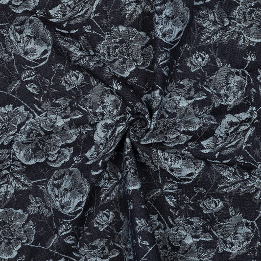 Denim jacquard fabric with floral pattern, 350 g/m²