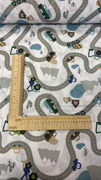 Image of 100% cotton fabric with cars on the road – available online at Charlotte Fabrics