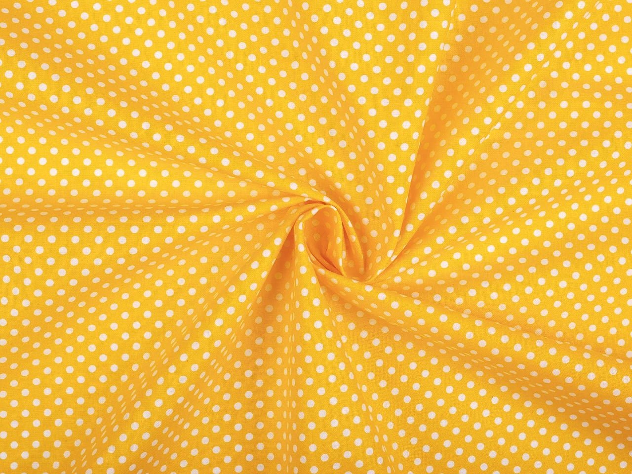 Tkanina 100% bawełniana - białe groszki na żółtym tle (4 mm) 130 g/m²