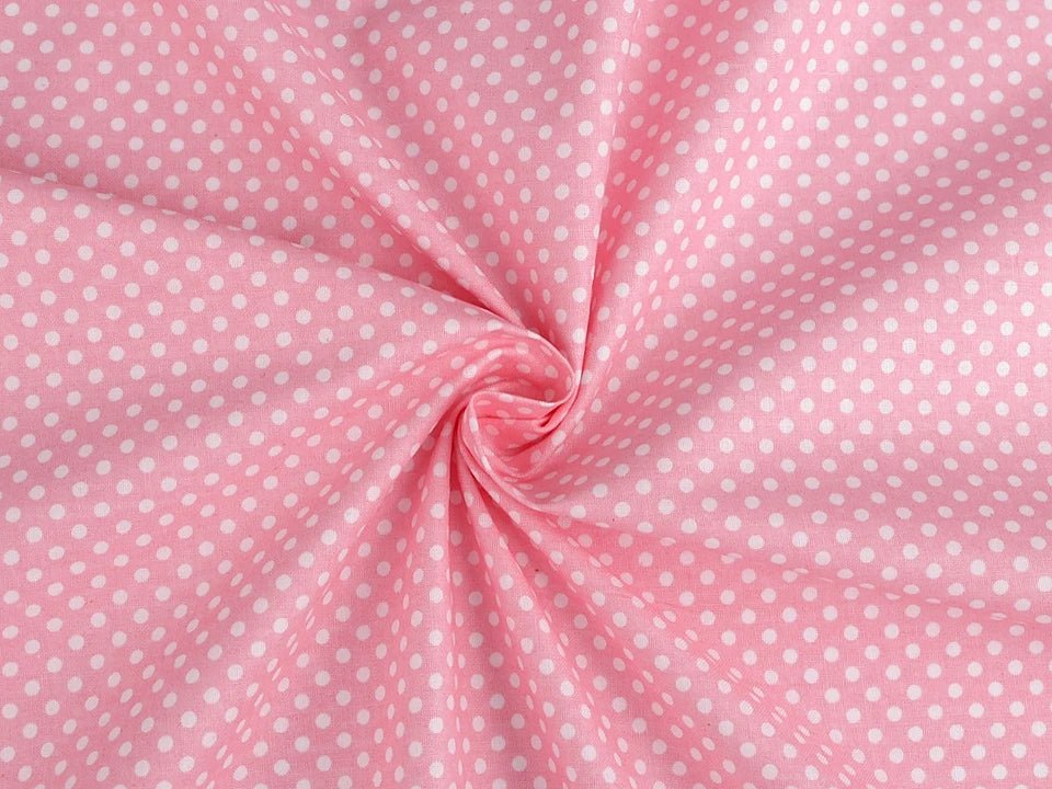 100% Cotton fabric - white polka dots on a pink background (4 mm) 130 g/m²