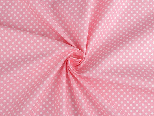 100% Cotton fabric - white polka dots on a pink background (4 mm) 130 g/m²