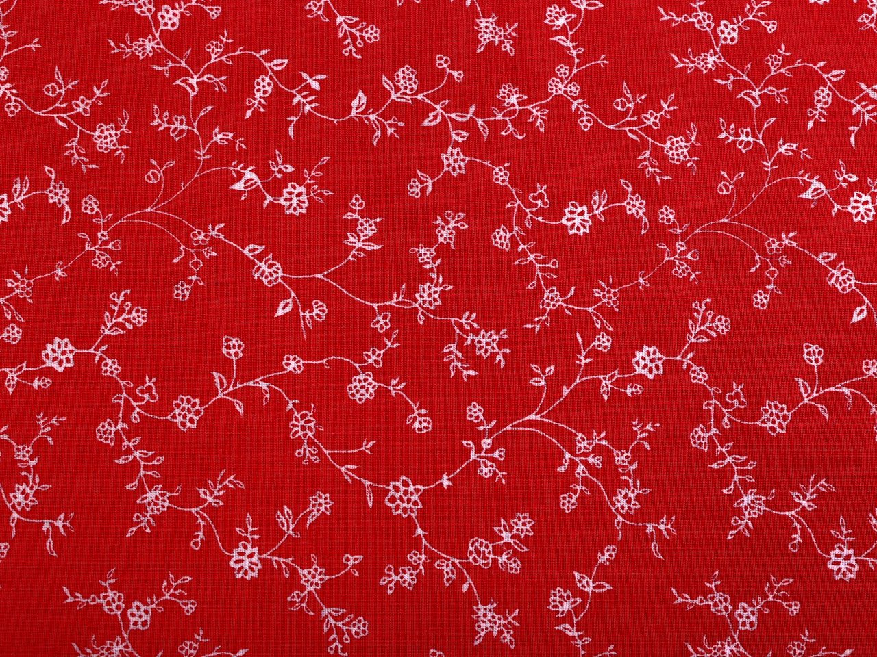 Image with 100% cotton fabric - white blooming vines on red 125 g/m² – available at Šarlotes audumi