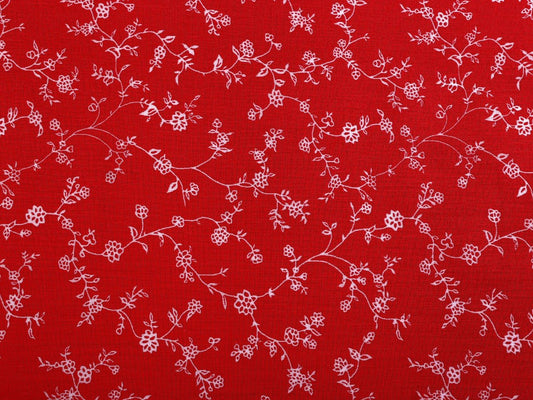 Image with 100% cotton fabric - white blooming vines on red 125 g/m² – available at Šarlotes audumi