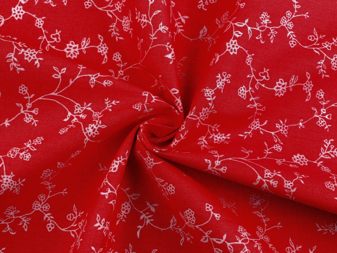 Image with 100% cotton fabric - white flowering vines on red 125 g/m² – available at Šarlotes audumi