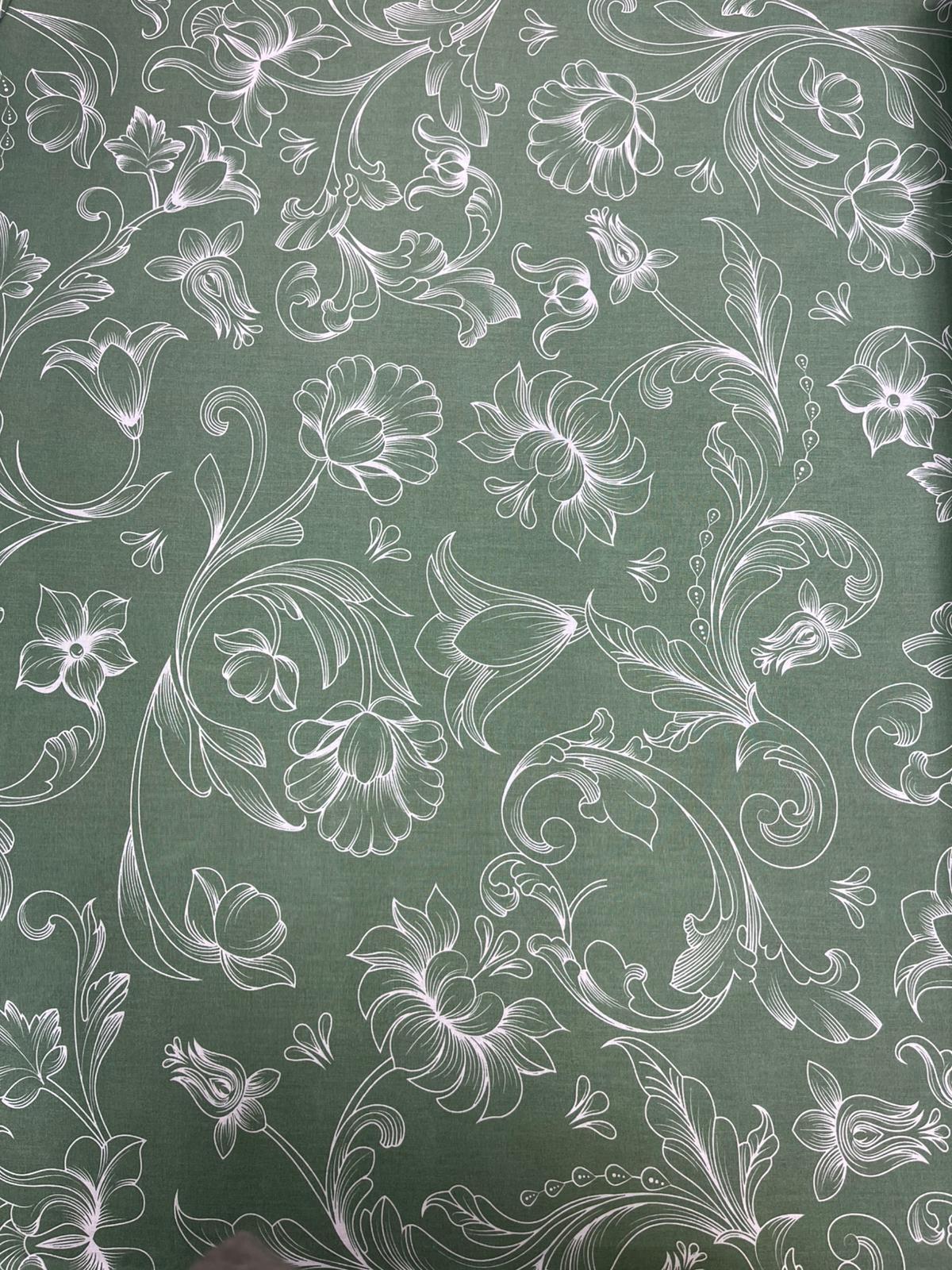 Image with 100% cotton fabric - white flower shadows on green 125 g/m² – available at Šarlotes audumi