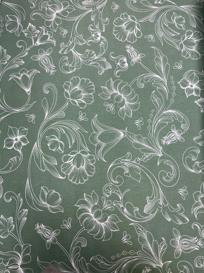 Image with 100% cotton fabric - white flower shadows on green 125 g/m² – available at Šarlotes audumi