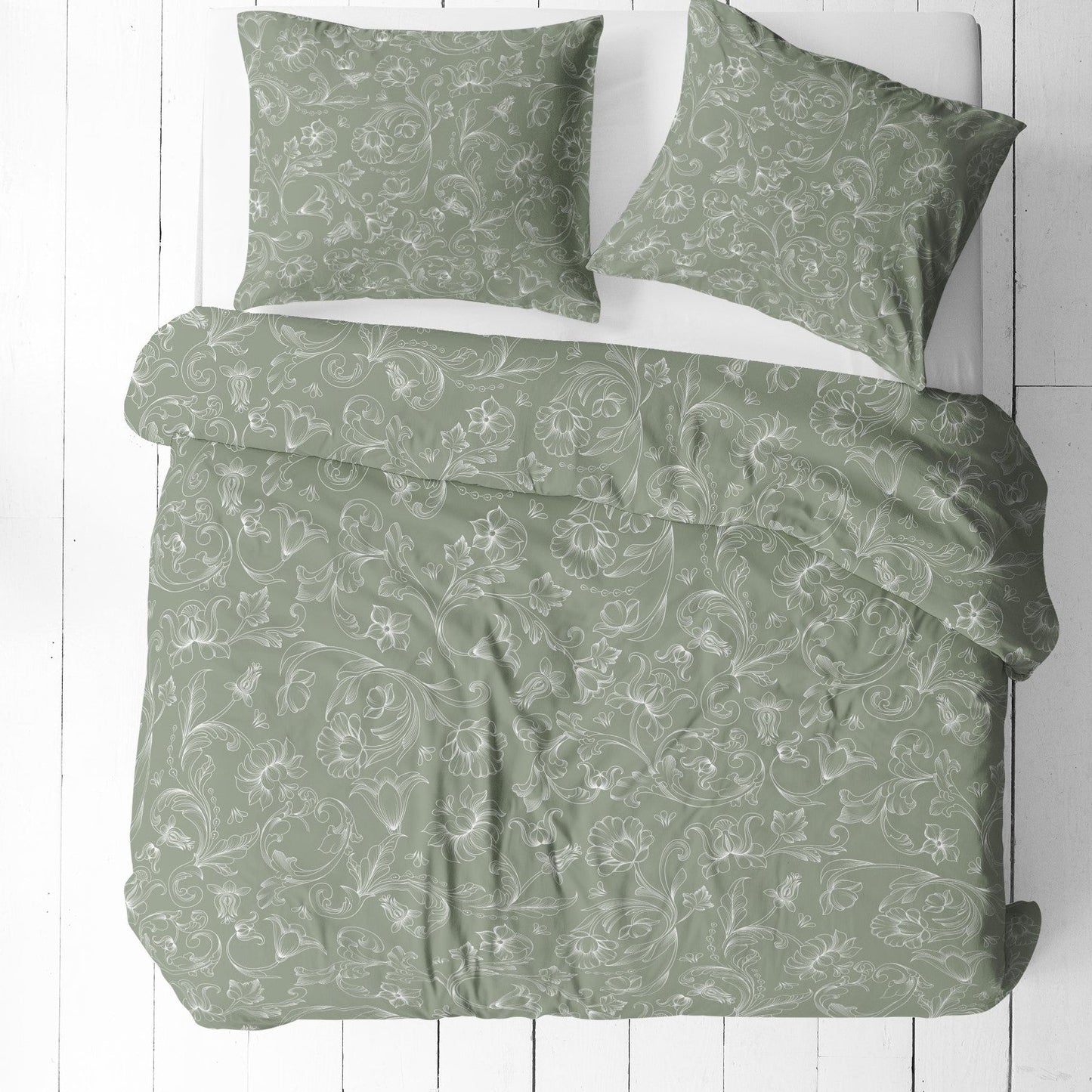 Image with 100% cotton fabric - white flower silhouettes on green 125 g/m² – available at Šarlotes Audumi