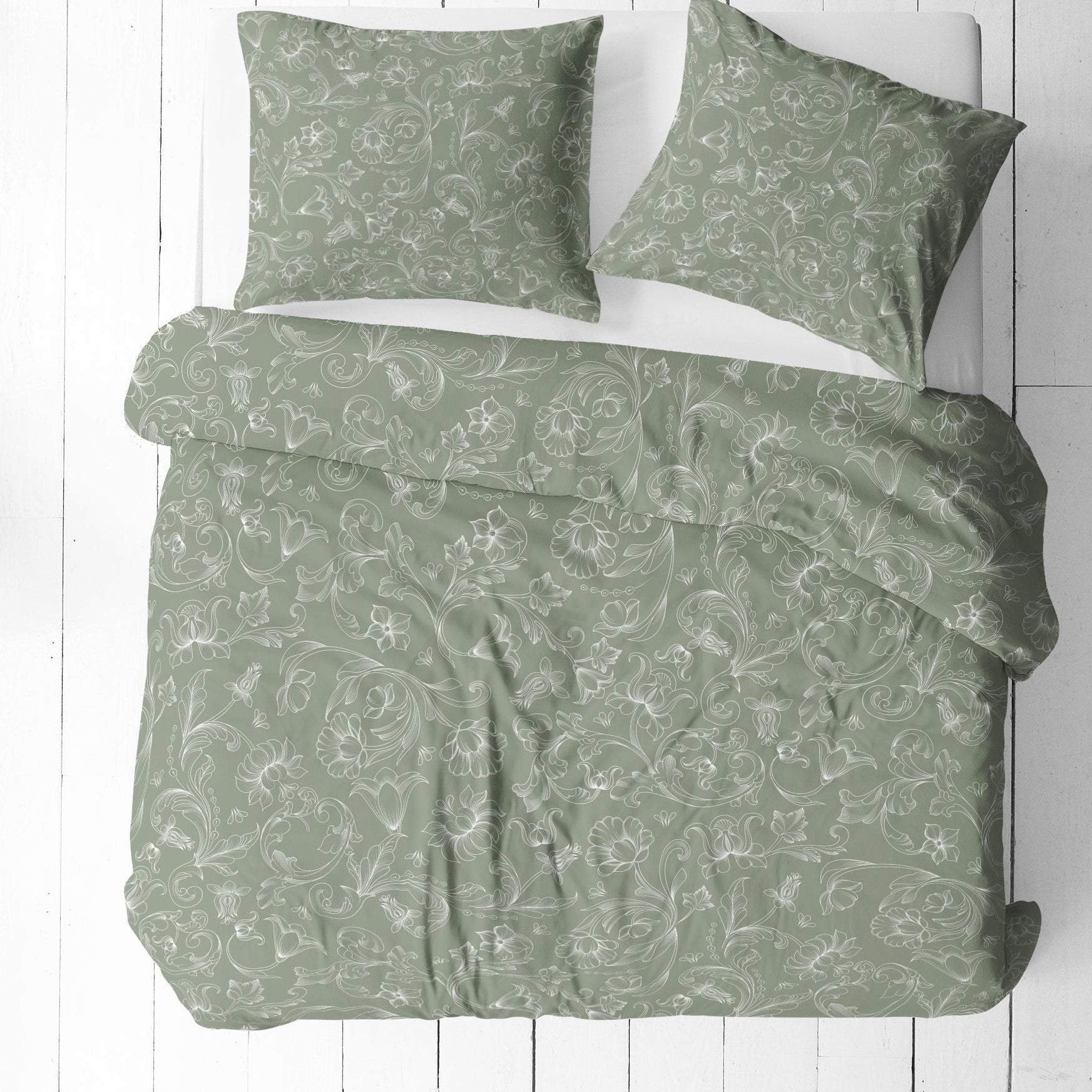 Image with 100% cotton fabric - white flower silhouettes on green 125 g/m² – available at Šarlotes Audumi