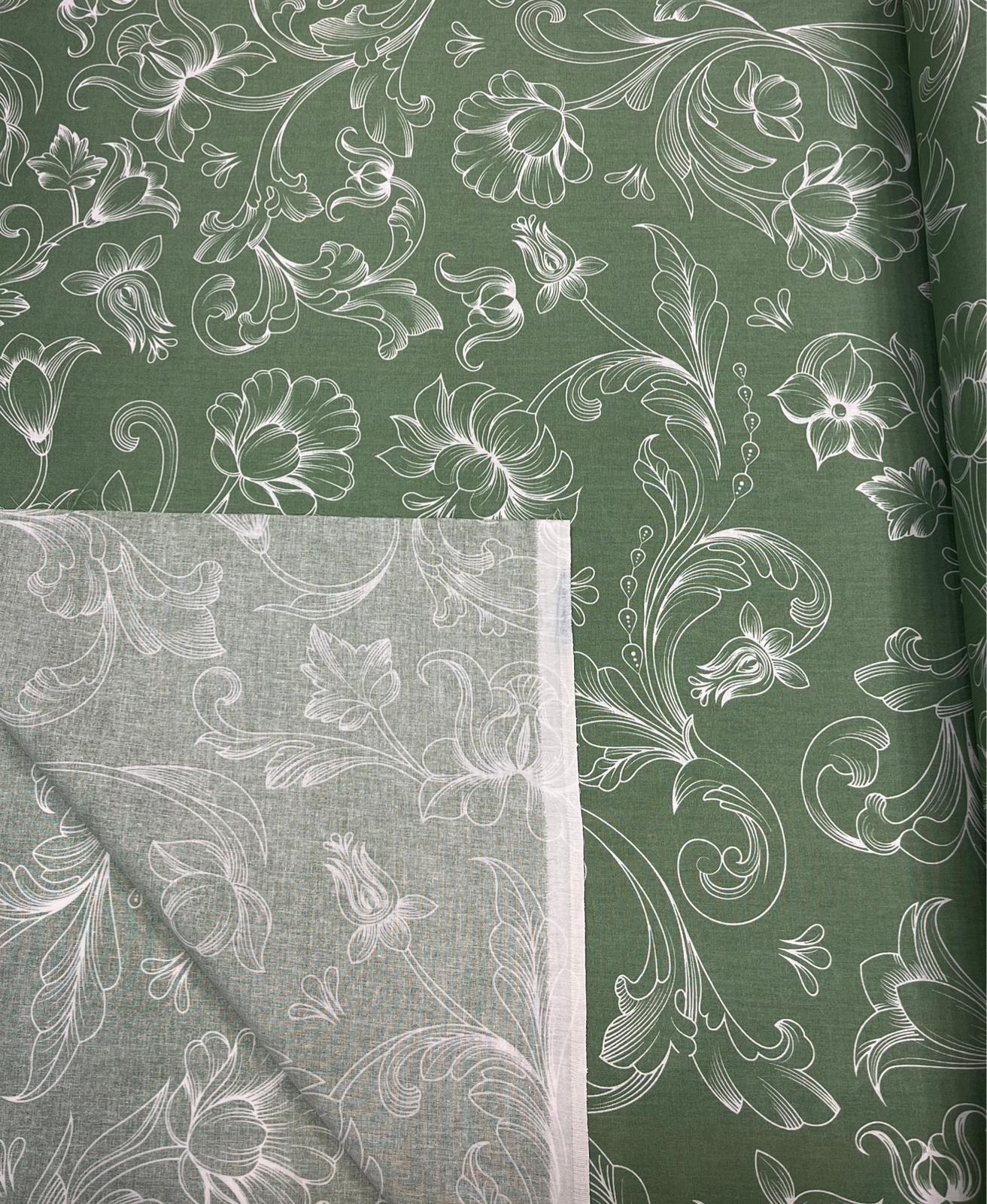 Attēls ar 100% cotton fabric - white flower shadows on green 125 g/m² – available at Šarlotes audumi
