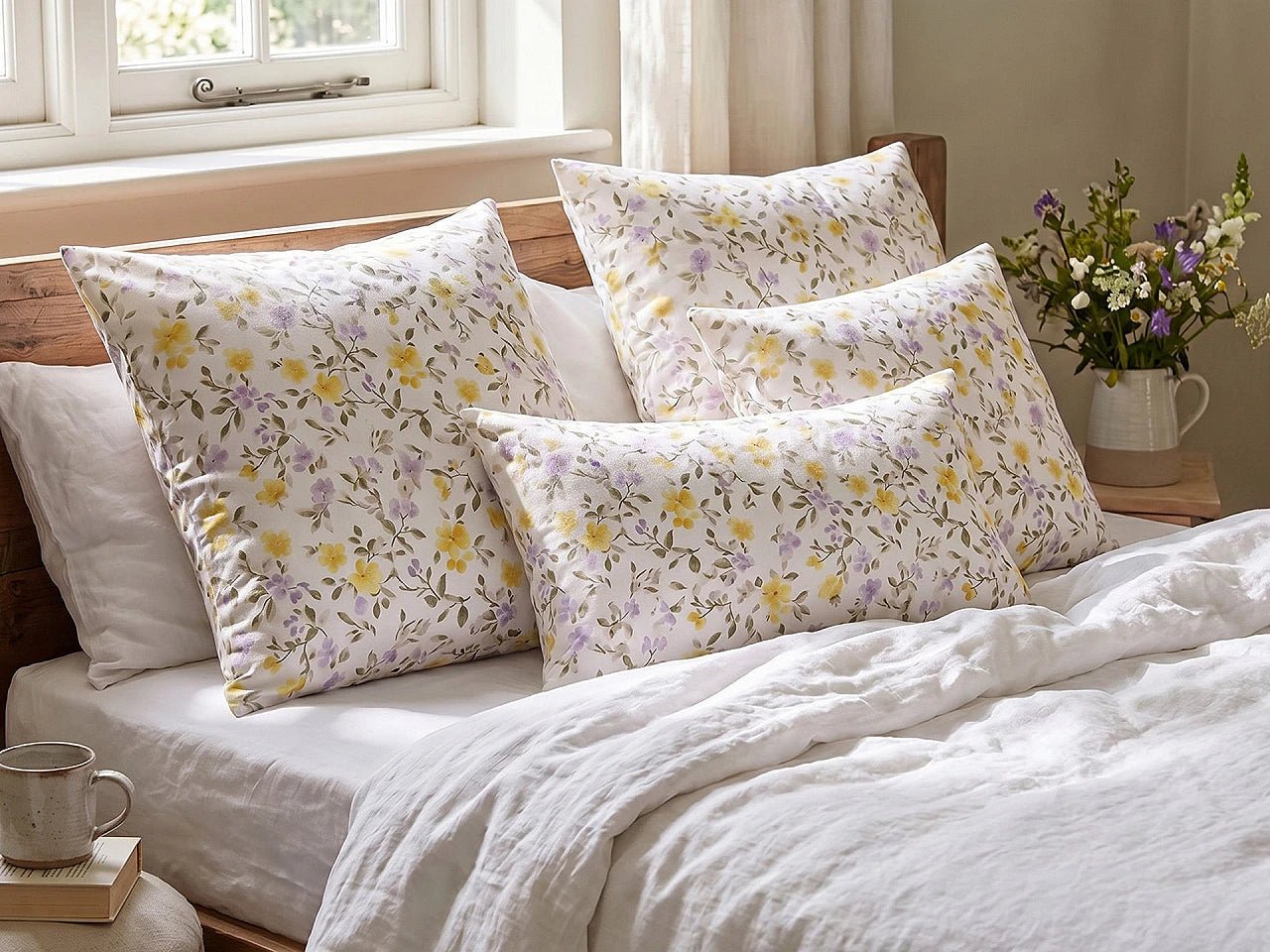 Image of 100% cotton fabric with yellow and lilac flowers – available online at Šarlotes audumi