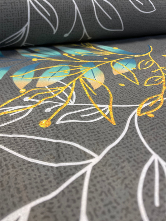 100% Cotton fabric - leaves on a gray background 220cm 146 g/m²