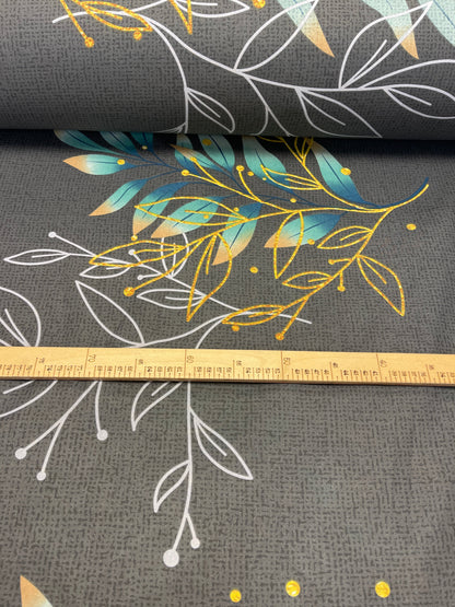 100% Cotton fabric - leaves on a grey background 220cm 146 g/m²