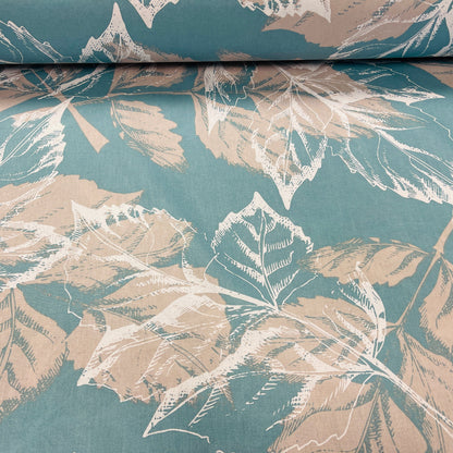 100% Cotton fabric - leaf motif on a turquoise background 220cm 146 g/m²