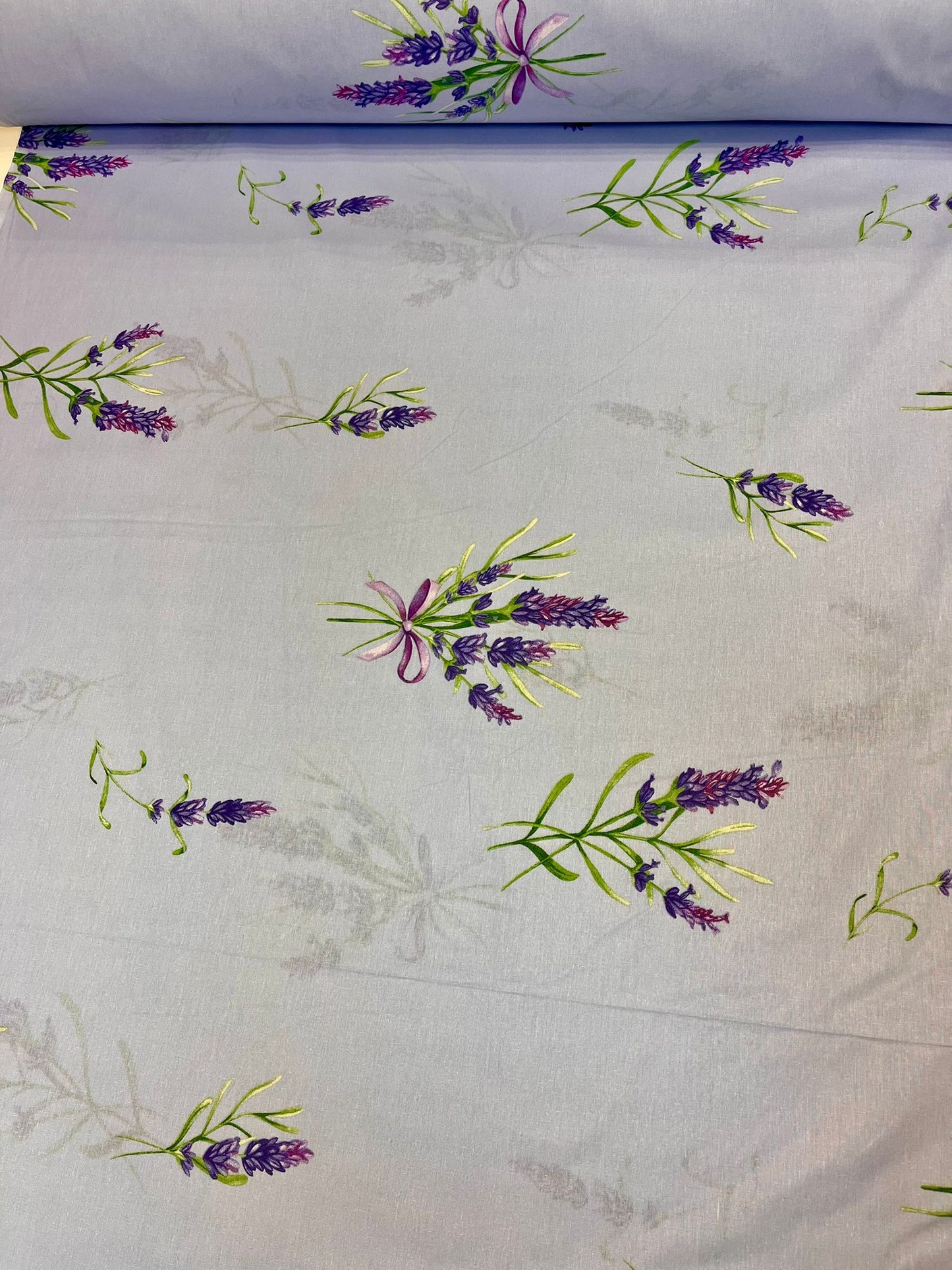 Image of 100% cotton fabric - lavender sprigs, light blue, 220cm 130 g/m² – available at Šarlotes audumi