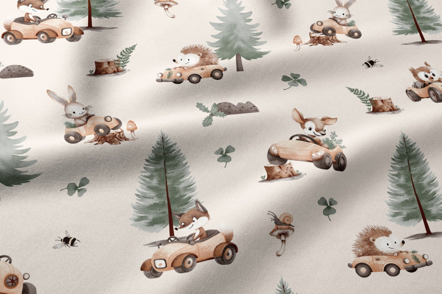 Image of 100% cotton fabric with forest animals, auto, 125 g/m² – available at Šarlotes audumi