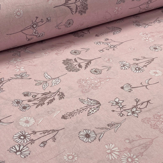 100% Cotton Fabric - Yarrow Meadow on a Soft Pink Background 220cm 146 g/m²