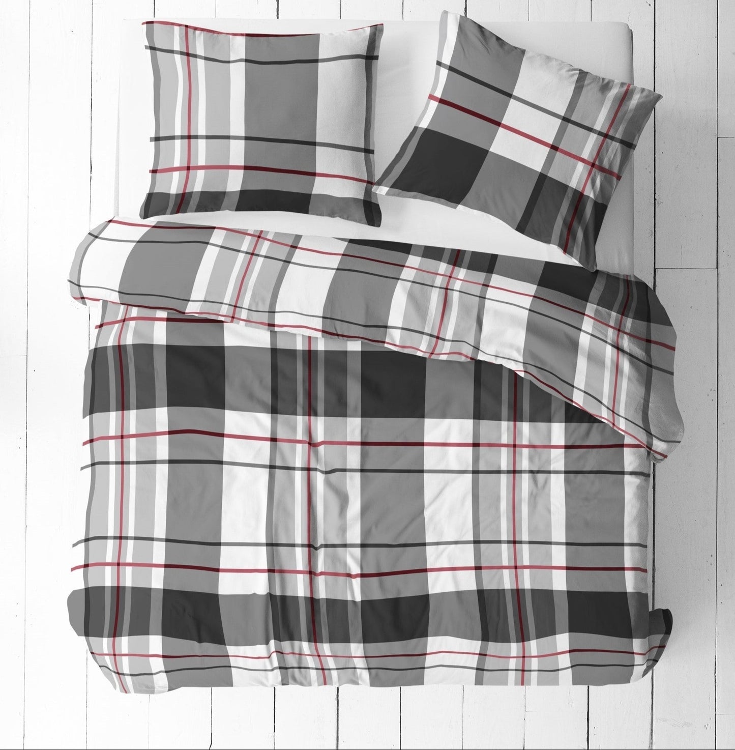 100% Cotton fabric - grey with red plaid 125 g/m