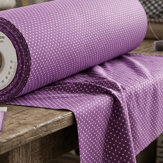 Zdjęcie tkaniny 100% bawełna – groszki Ø2 mm na liliowym tle 125 g/m² (wkrótce) – dostępne w Šarlotes audumi