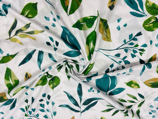 100% Cotton fabric - green leaves on white 125 g/m