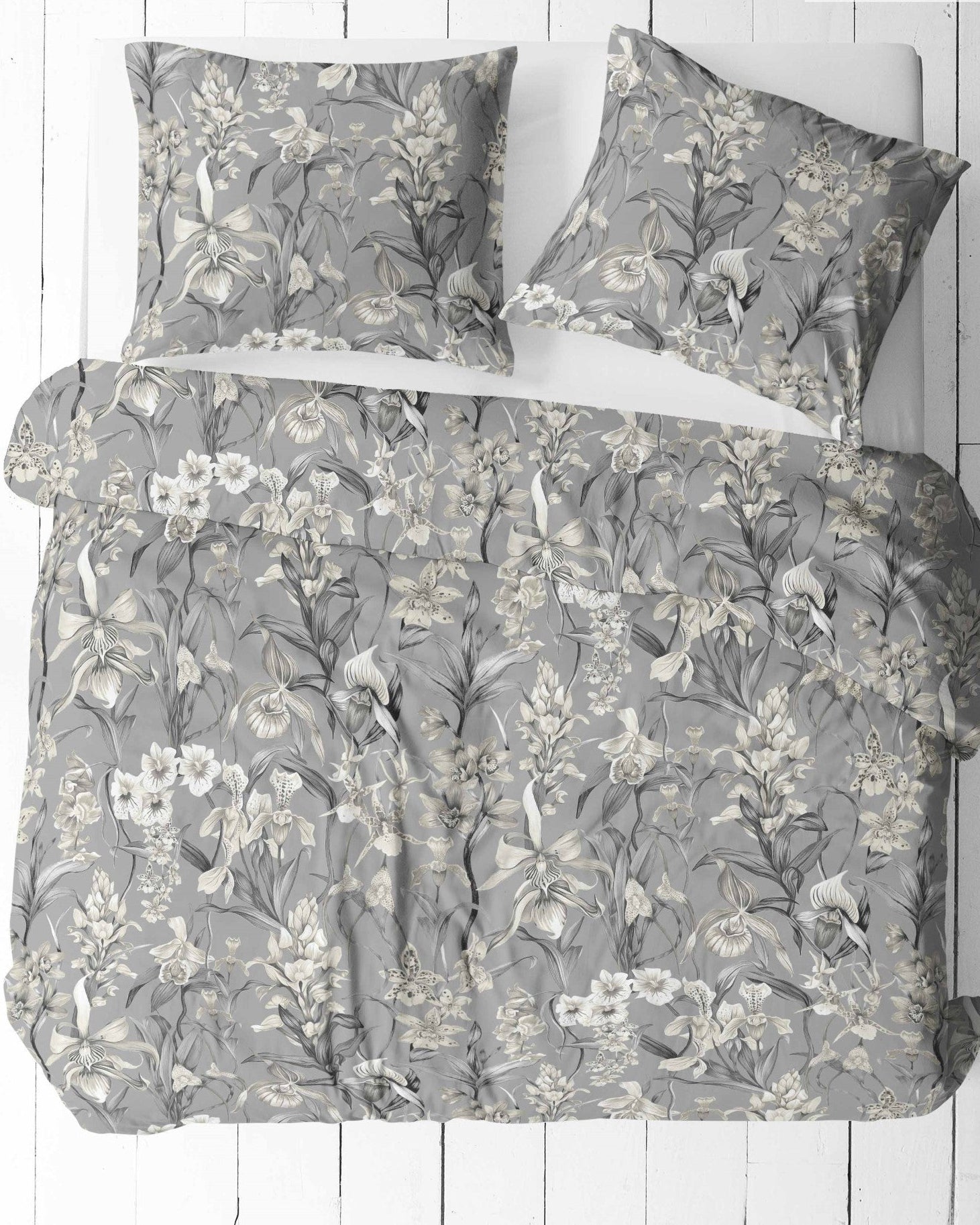 100% bawełniana tkanina w kwiatowy wzór, szara, 125 g/m²