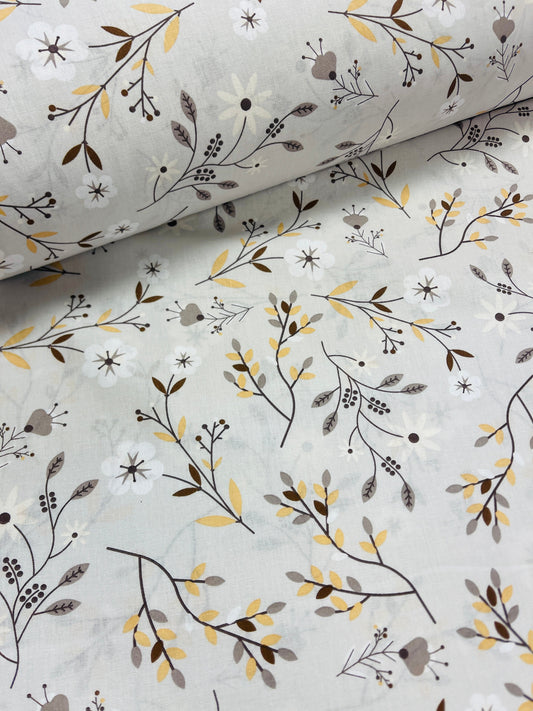 100% Cotton fabric - floral and leaf motif gray 125 g/m²